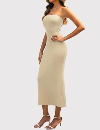 YESTTO Summer Bodycon Maxi Tube Dress for Women Strapless Fitted Casual Elegant Cocktail Party Long Dresses Beige XL - Image 4
