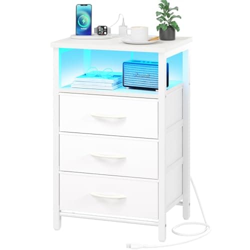 Yoobure Night Stand with Charging Station, 16 Colors LED Nightstand with USB Ports and Outlets, End Table with 3 Fabric Drawers and Storage Shelf, Bedside Tables Small Dresser for Small Space White - Image 1