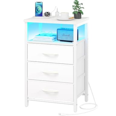 Yoobure Night Stand with Charging Station, 16 Colors LED Nightstand with USB Ports and Outlets, End Table with 3 Fabric Drawers and Storage Shelf, Bedside Tables Small Dresser for Small Space White - Image 1