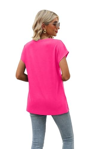 Womens Cap Sleeve Summer Tops Trendy Tank Tops Sleeveless V Neck Loose Fit Shirts Hot Pink XL - Image 4