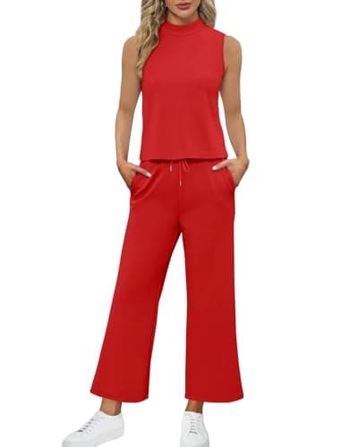 SAMPEEL Two Piece Set for Women Christmas Outfits Holiday Trendy Lounge Sets Mock Neck Matching Sets Women Clothing Wide Leg Crop Pants Set Red S - Image 3