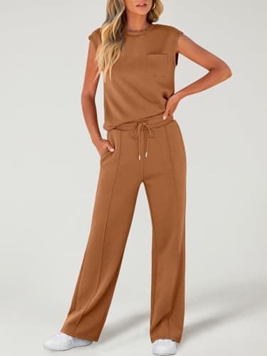 ANRABESS Two Piece Sets for Women Summer Sleeveless Sweatsuits Wide Leg Casual Lounge Set Matching Vacation Travel Outfits Medium - Image 3