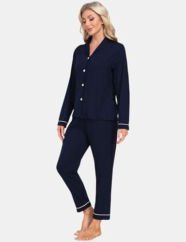 Womens Pajama Sets Long Sleeve Button Down Sleepwear 2 Piece Soft Pjs Nightwear Comfy Pj Set with Pockets Navy Blue S - Image 2