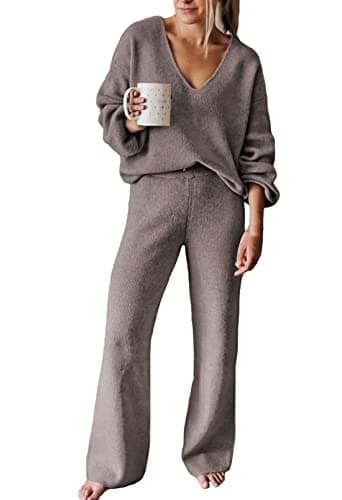 Viottiset Women's 2 Piece Outfits Sweater Lounge Set V Neck Knit Top Wide Leg Pants Sweatsuit Purple Grey L - Image 1