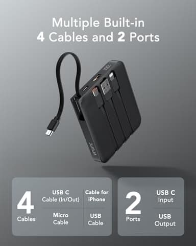 VRURC Portable Charger with Built-in Cable, 10000mAh 22.5W Fast Charging USB C Battery Pack, Cell Phone Power Bank for iPhone 16 15 14 Samsung Galaxy S25 S24 S23 Series Android Tablet, Black(1 Pack) - Image 2