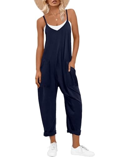 ANRABESS Jumpsuits for Women Casual Summer Overalls Sleeveless Spaghetti Strap Romper Jumpers Trendy Beach Vacation Outfits Navy Blue Medium - Image 1
