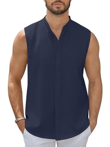 hawalili Men's Button Down Sleeveless Shirts Summer Beach Tank Tops Casual Textured Tank T-Shirt Navy Blue - Image 1