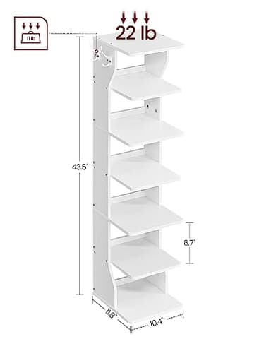 VASAGLE 7-Tier Vertical Shoe Rack, Narrow Shoe Storage Organizer with Hooks, Slim Corner Shoe Tower Rack, Space Saving for Entryway and Bedroom, White ULBS200T14 - Image 3