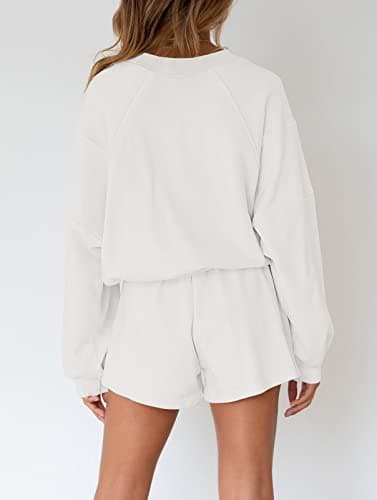 MEROKEETY Women's 2025 Fall Oversized Batwing Sleeve Lounge Sets Casual Top and Shorts 2 Piece Outfits Sweatsuit White - Image 4