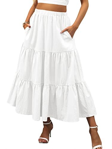 ANRABESS Women’s Summer Boho Flowy Swing Tiered A-Line Maxi Skirt 2025 Fashion Trendy Elastic Waist Pleated Long Beach Dress with Pockets White X-Large - Image 1