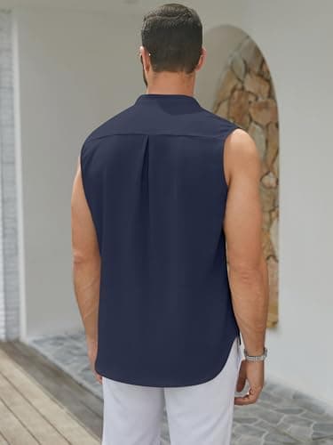 hawalili Men's Button Down Sleeveless Shirts Summer Beach Tank Tops Casual Textured Tank T-Shirt Navy Blue - Image 4
