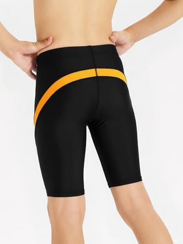 DEVOROPA Boys', Big Kid Splice Swim Jammers Youth Competitive Swim Team Suit Quick Dry Athletic Swimming Shorts UPF 50+ Black/Orange M - Image 3