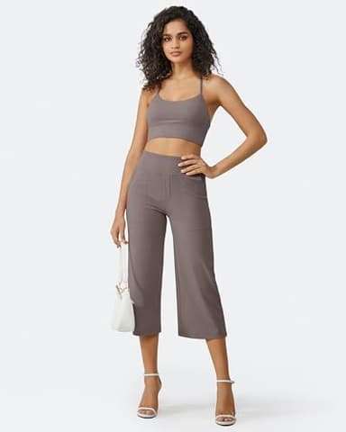G4Free Womens Capris for Summer Wide Leg Yoga Pants Capri Leggings with Pockets Loose Dressy Casual Summer Pajama Bottoms(Taupe,XXL,21") - Image 3