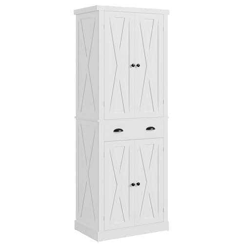 IRONCK Kitchen Pantry Storage Cabinet 72.6" H x 24" W, with Barn Doors, Drawer, 4 Adjustable Shelves, Freestanding Cupboard, Laundry, White - Image 1