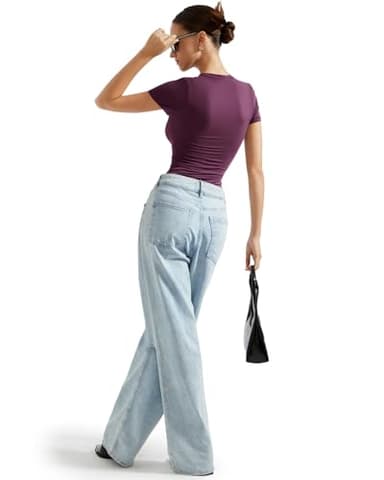 SUUKSESS Women Double Lined Fitted Basic Tee Shirts Crew Neck Short Sleeve Y2K Going Out Crop Tops (Plum, M) - Image 6