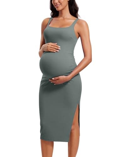 CRZ YOGA Women Butterluxe Sleeveless Tank Maternity Dress Split Ruched Pregnancy Square Neck Bodycon Casual Baby Shower Grey Sage Large - Image 1