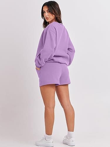 ANRABESS Women 2 Piece Outfits Sweat Shorts Sets 2025 Oversized Casual Lounge Matching Set Sweatsuit Tracksuit Fall Clothes Purple X-Large - Image 5