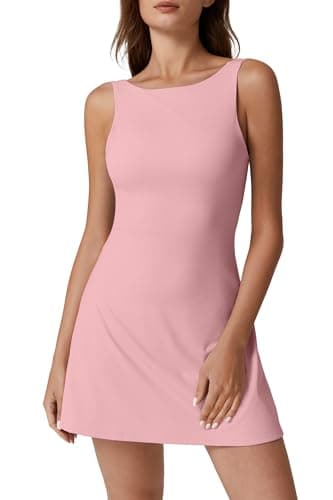 QINSEN Exercise Workout Dress for Women Boat Neck Sleeveless Flare Tennis Dress with Shorts Pockets Pink L - Image 1