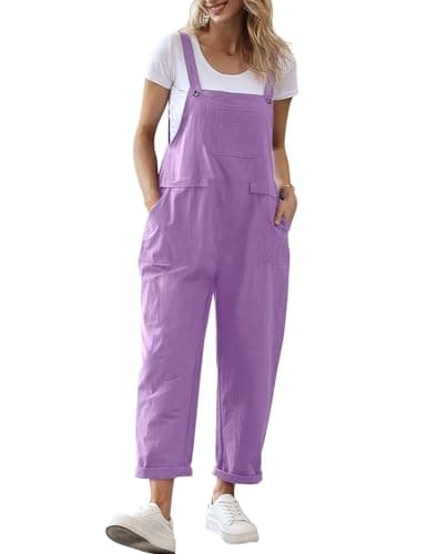 YESNO Women Long Casual Loose Bib Pants Overalls Baggy Rompers Jumpsuits with Pockets (2XL PV9 Light Purple) - Image 1