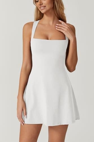 QINSEN Square Neck Athletic Dress for Women Sleeveless High Waist Built in Shorts Pocket Flare Exercise Dress White S - Image 3