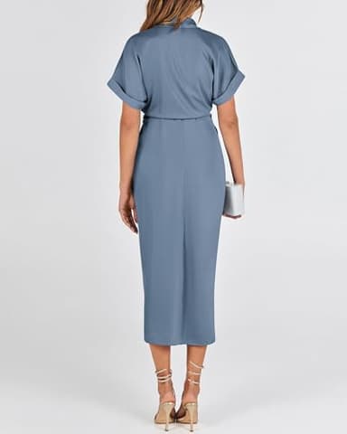 BTFBM Women Button Down Ruched Shirt Dresses Satin Short Sleeve Lapel V Neck Summer Maxi Dress 2025 Party Wedding Guest(Grey Blue, Small) - Image 6