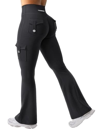 YEOREO CoreFlex Women Workout Flare Leggings with Pockets Hidden Scrunch High Waisted Cargo Gym Yoga No Front Seam Leggings Black L - Image 1
