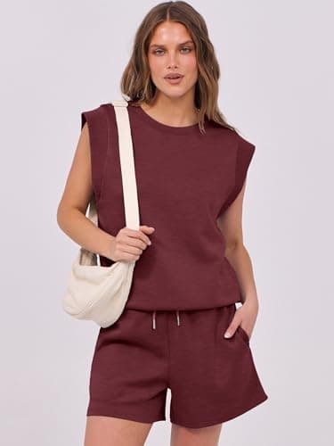 ANRABESS Two Piece Sets for Women 2025 Summer Short Lounge Set Casual Beach Vacation Outfits Spring Sweatsuits Tracksuit Burgundy Medium - Image 2