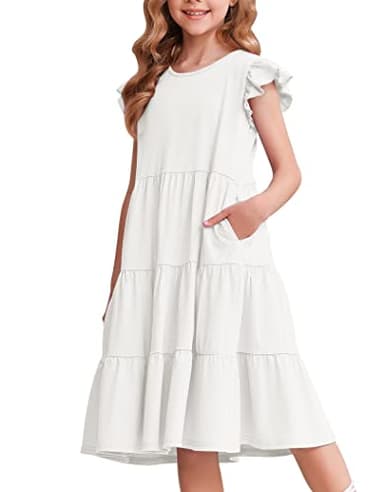 Arshiner Girls Dress Summer Flutter Sleeve Flared Tiered Swing Pleated Midi Cotton Casual Sundress with Pockets White 6-7 Years - Image 1