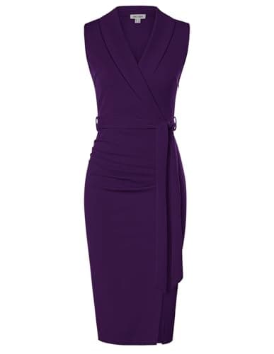 GRACE KARIN Women's Wear to Work Sleeveless Ruched Bodycon Office Pencil Midi Dresses with Belt Dark Purple - Image 1