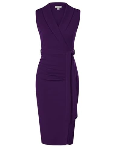 GRACE KARIN Women's Wear to Work Sleeveless Ruched Bodycon Office Pencil Midi Dresses with Belt Dark Purple - Image 1