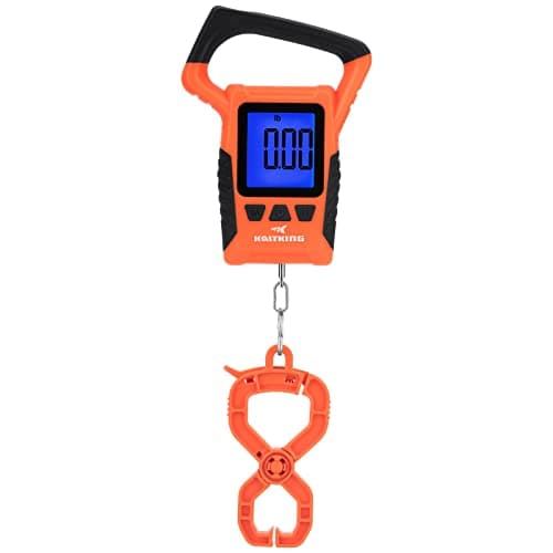 KastKing Fish Scale, WideView Floating Waterproof Digital Scale with No-Puncture Lip Gripper, 2.5” Large LCD Display, 110lb Capacity, Stores up to 9 Weights, Orange - Image 1