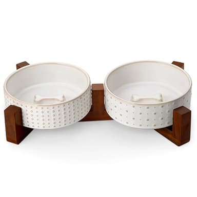 MALACASA Dog Bowl Set with Walnut Wood Stand, 1.5 Cups Ceramic Pet Bowls for Puppy Dogs, Dual Food and Water Bowls with Weighted Non-Slip Base, Basic Bowls for Your Dog or Cat, Rhombic & Polka Dots - Image 1