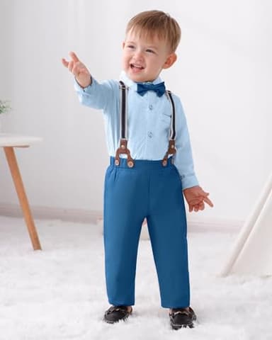 nilikastta 1st Birthday Outfit Boy Boys Gentleman Wedding Outfit Blue Formal Dress Shirt/Bowtie/Suspender Pants 12-18months for Wedding - Image 3