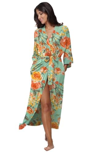 Women's Floral Long Robes Modal Long Kimono Robes Full Length Dressing Gown Soft Sleepwear - Image 1