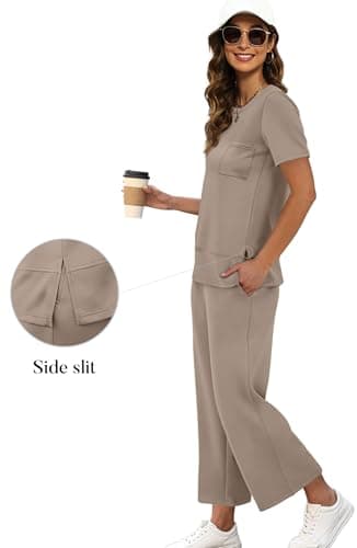 OFEEFAN Womens Plus Size Lounge Set Casual Summer Two Piece Cruise Outfits Spring Short Sleeve Tracksuit Wide Leg Airport Loungewear Travel Clothing Women's Beach Vacation Clothes Khaki 3XL - Image 3