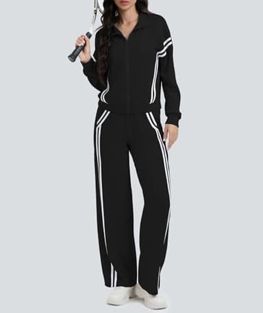 Casly Lamiit Womens Two Piece Lounge Sets Fall Track Outfits Sweatsuit Stripes Sweatshirt Jogger Pants 2025 Fashion Travel Airport Activewear Black L - Image 4