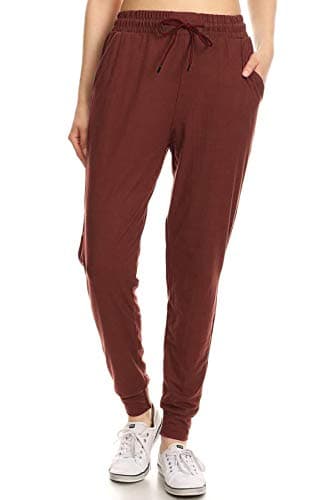 Leggings Depot Womens Relaxed fit Jogger Pants - Track Cuff Sweatpants with Pockets, Marsala, Medium - Image 2
