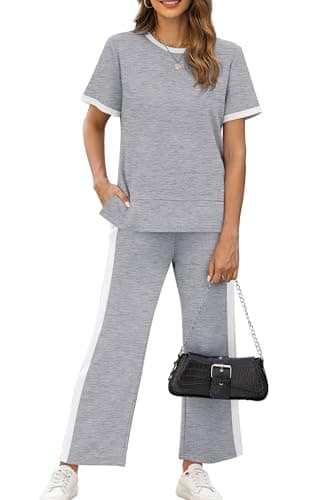 XIEERDUO Woman Lounge Sets Casual Summer Two Piece Travel Outfits Spring Loose Short Sleeve Tracksuit Wide Leg Loungewear Cropped Pants Matching Clothing Set Women's Track Suit Grey XL - Image 1