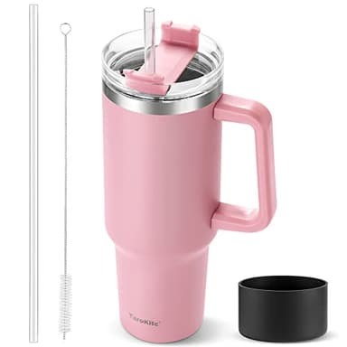40 oz Tumbler with Handle and Straw, Pink Insulated Travel Mug Iced Coffee Cup, Reusable Stainless Steel Insulated Water Bottle, Keeps Drinks Cold for 34 Hours, Women Christmas Gifts for Mom Grandma - Image 1