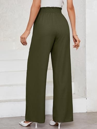 Heymoments Women's Wide Leg Lounge Pants with Pockets Dark Green Stripe Large Lightweight High Waisted Adjustable Tie Knot Loose Comfy Casual Trousers - Image 4