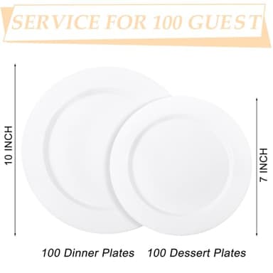 FLOWERCAT 200PCS White Plastic Plates Disposable Plates for Party - Heavy Duty Plastic Plates - 100 10" Dinner Plates and 100 7" Salad Plates for Weddings, Easter Parties and Events - Image 2