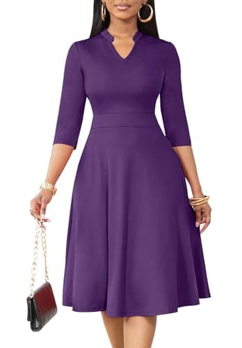 Nmoder Casual Dresses for Women Semi Formal Fit and Flare 3/4 Sleeve A-line Church Work Dress with Pockets Purple 3XL - Image 1