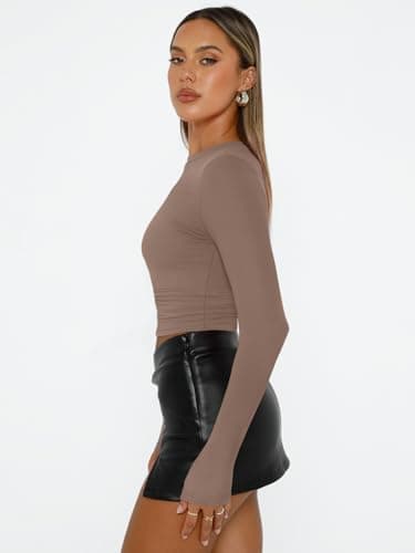 AUTOMET Womens Long Sleeve T-Shirts Trendy Basic Fitted Compression Going Out Crop Tops Fall Fashion Y2K Clothes 2025 Outfits Coffee Grey M - Image 3
