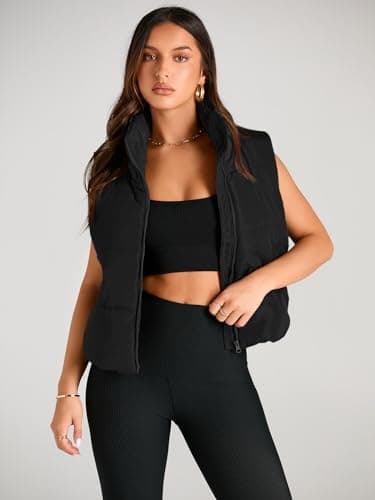 AUTOMET Puffer Vest Women Sleeveless Winter Cropped Outerwear Warm Puffy Lightweight Stand-up Collar Down with Pockets Black L - Image 2
