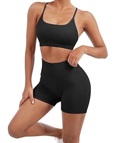 SUUKSESS Women Seamless 2 piece Workout Sets Strappy Padded Sports Bra Booty High Waisted Shorts Outfits (Black,M) - Image 2