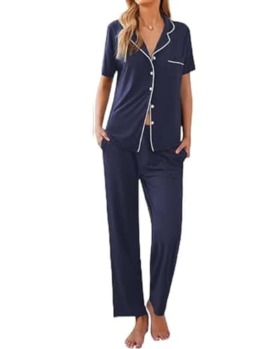 Ekouaer Women Pajamas Set Button Down Sleepwear Short Sleeve Nightwear with Long Pants Soft Pjs Set S-XXL Navy Blue M - Image 1