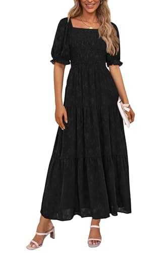 PRETTYGARDEN Women's 2025 Summer Casual Midi Dresses Square Neck Short Sleeve Smocked A Line Floral Flowy Elegant Boho Dress (Black,X-Large) - Image 1