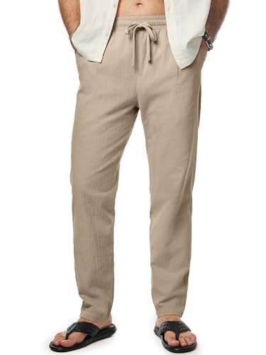JMIERR Men's Casual Cotton Pants Linen Elastic Waist Drawstring Summer Beach Lightweight Dress Trousers with Pockets, L, Khaki - Image 1