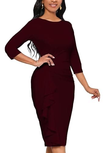 Yajedo Womens Bodycon Cocktail Ruffle 3/4 Sleeve Work Business Knee Length Sheath Dress(Burgundy X-Large) - Image 4
