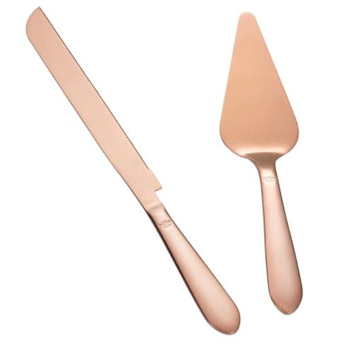 Wedding Cake Knife and Server Set, Integral Stainless Steel Longer Cake Cutter and Wider Pie Spatula, Elegant Cake Cutting Serving Set for Party Birthday Christmas Bridal Shower Set of 2, Rose Gold - Image 1